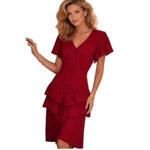 David Benjamin Red Ruffle Button Front Dress 12 Flutter Sleeve Romantic 80s Vitg